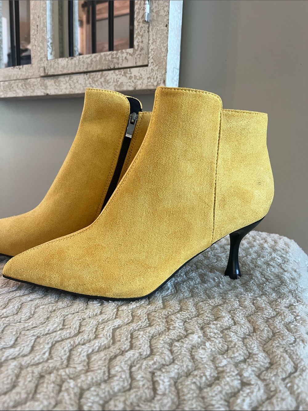 Yellow Suede Pointed-Toe Kitten Heel Ankle Boots